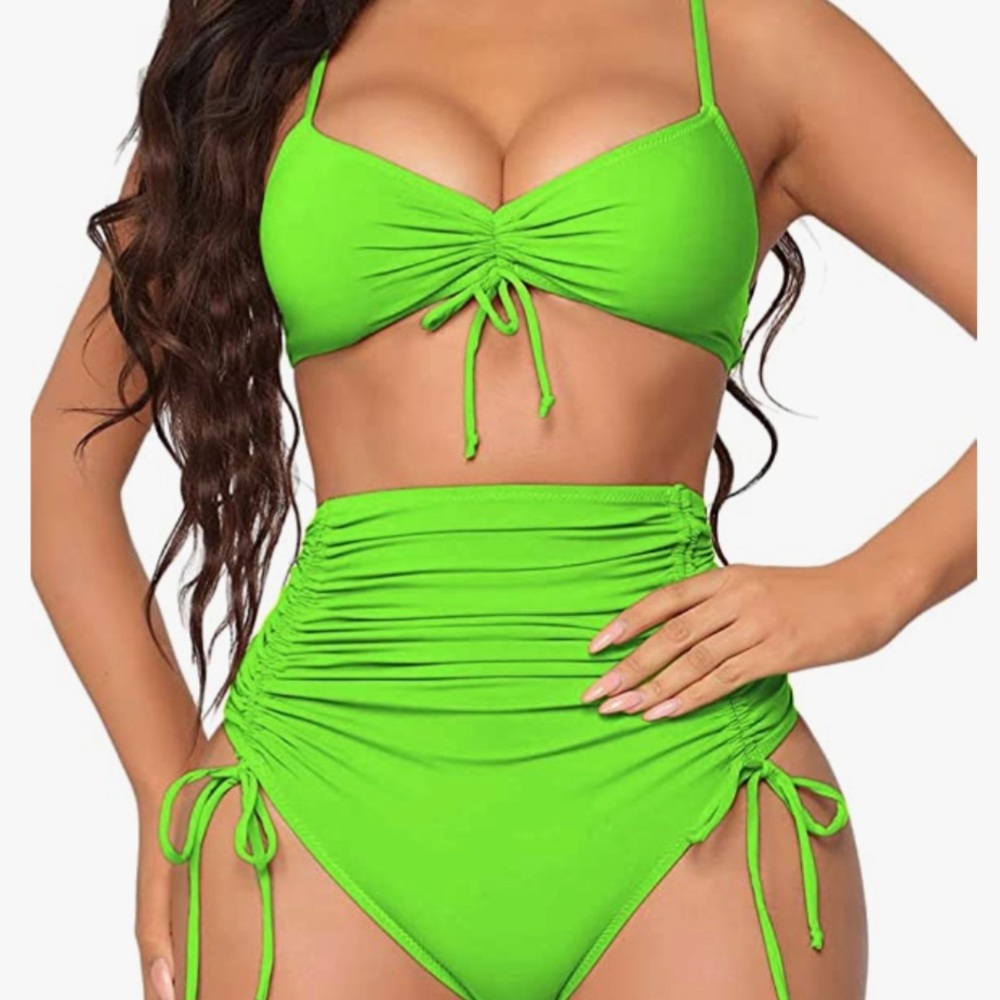 🆕Peddney Ruched Tie Closure High Waisted Bikini Tummy Control